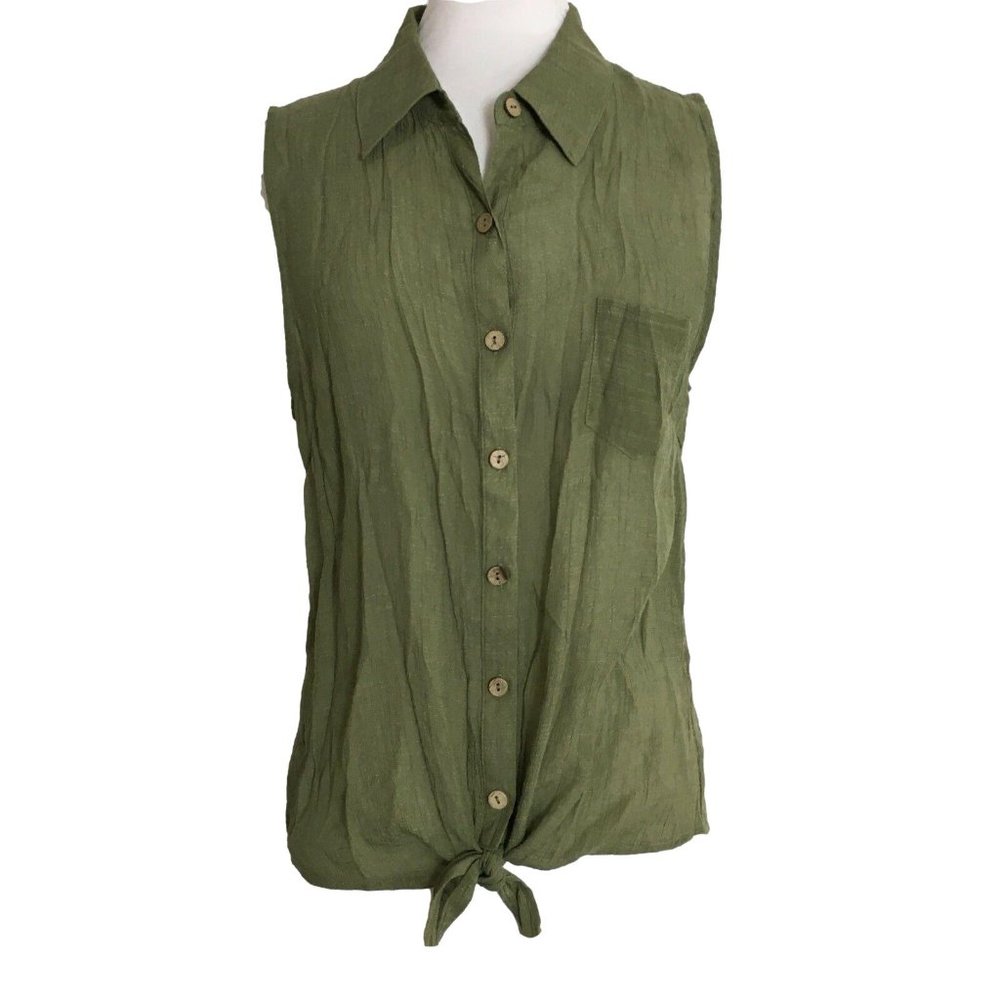 E Hanger M Women's Shirt Size Large Green Sleeveless Button Front Top
